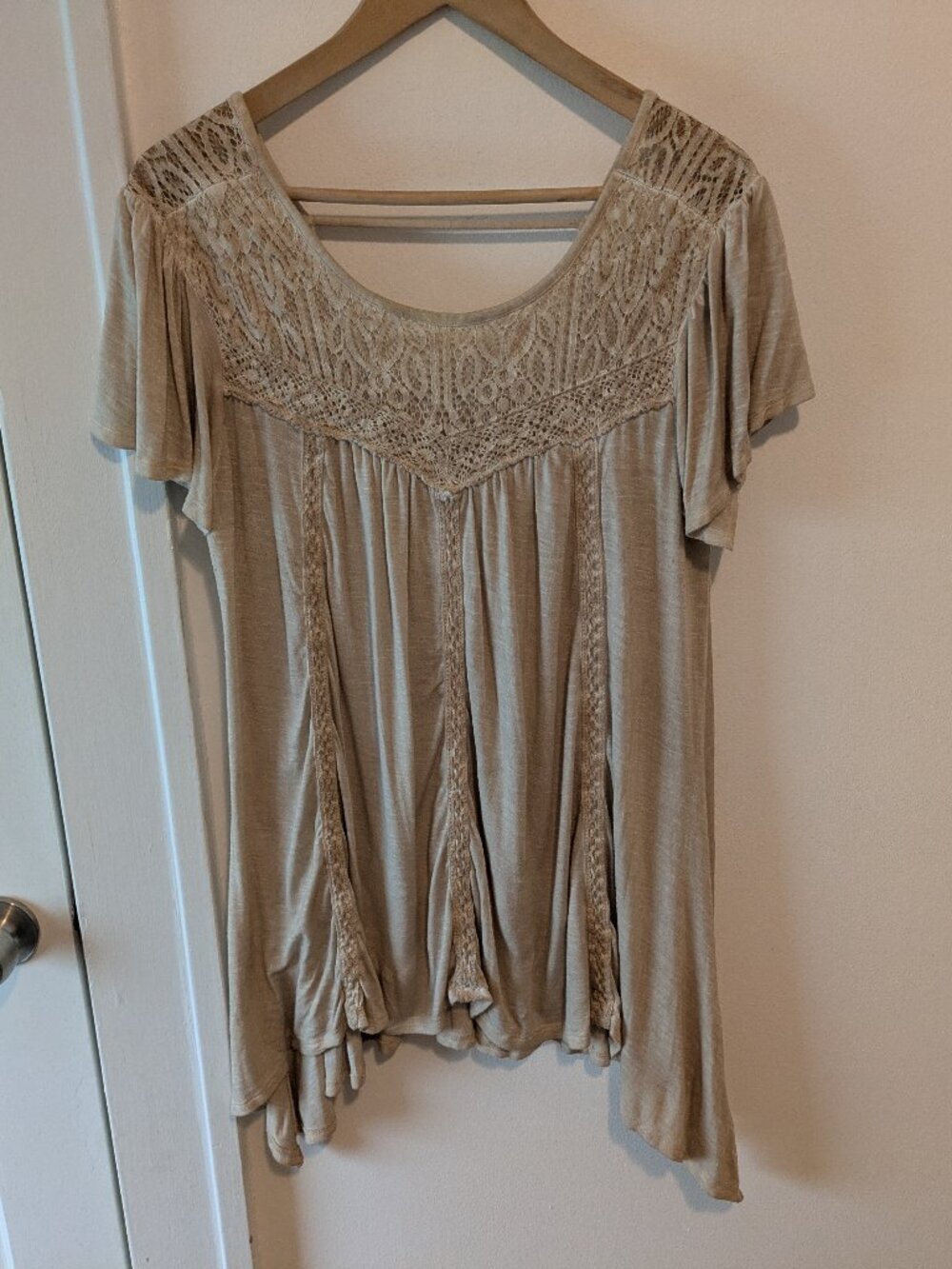 Taupe Lace Trim Boho Flutter Sleeve T-Shirt